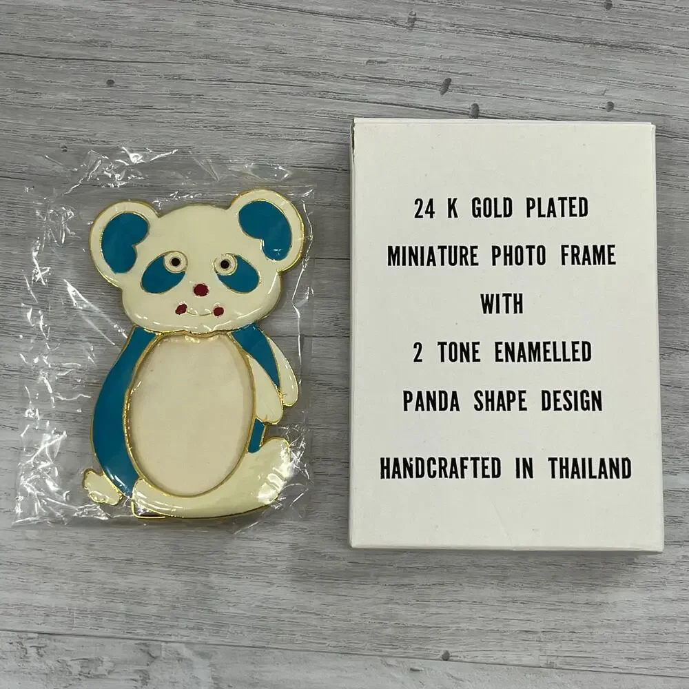 Vintage 24K Gold Plated 2 Toned Enameled Panda Bear Shape Mini Picture Frame